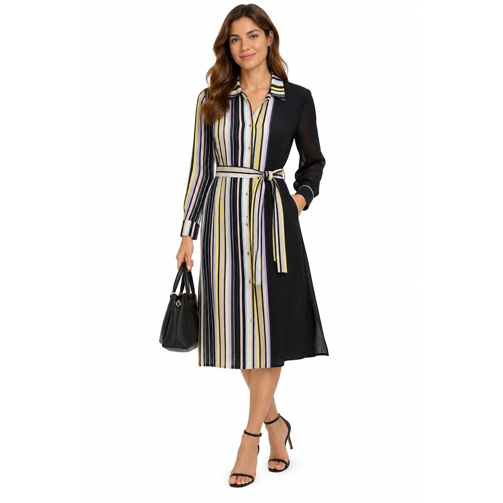 Calvin Klein Shirt Dress Women M Black Multi Striped Sheer Chiffon Belted Midi